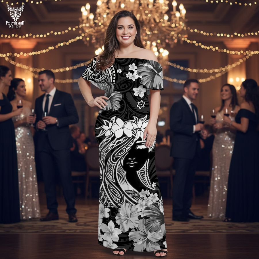 Hawaii Off Shoulder Long Dress Polynesia Black Attractive Hula Girl