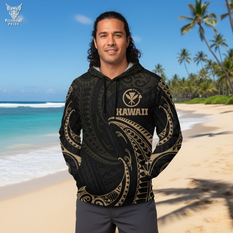 Hawaii Polynesian Hoodie Gold Tribal Wave