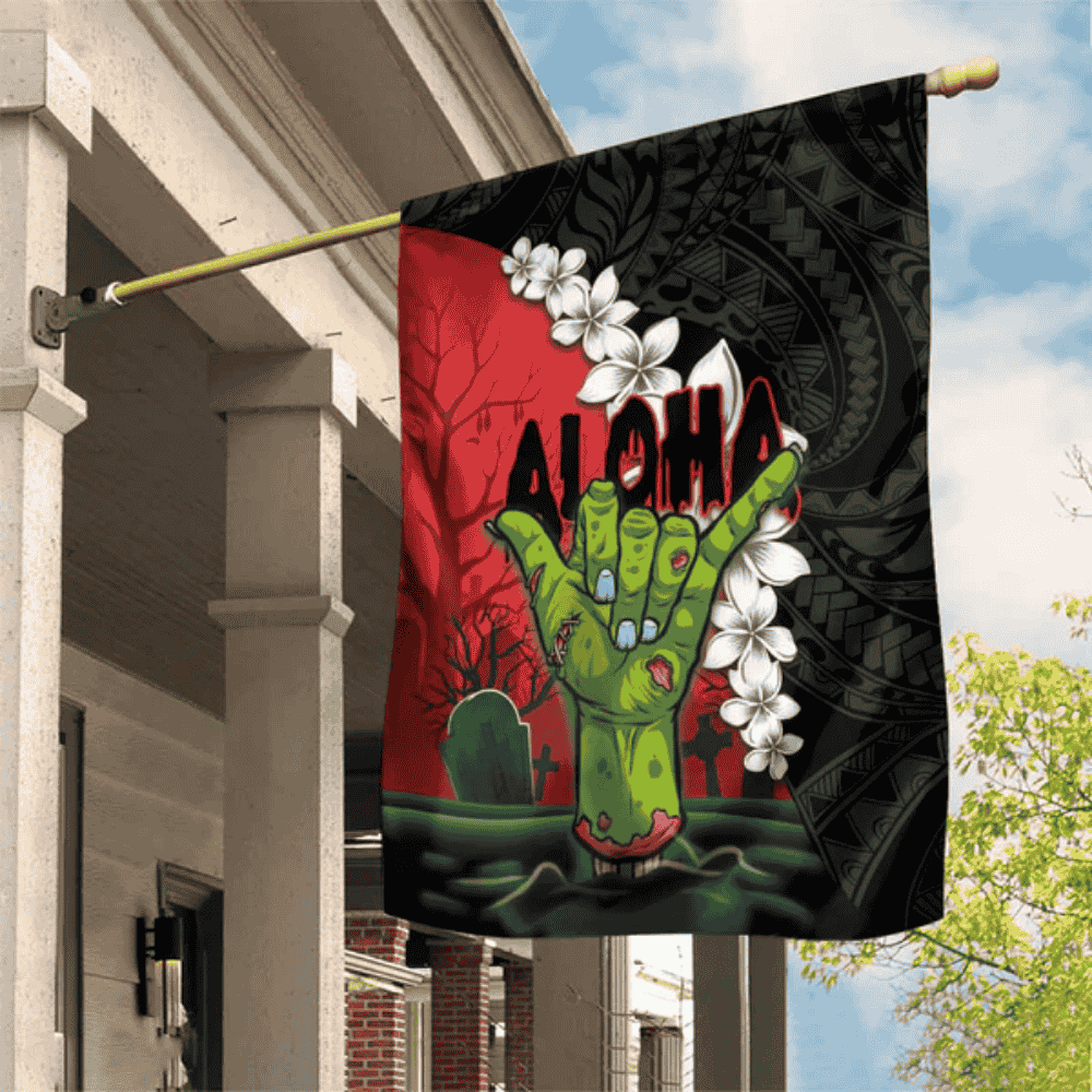 Hawaiian Halloween Garden Flag Horror Shaka Hand with Plumeria and Polynesian Tattoo Blood Color LT03