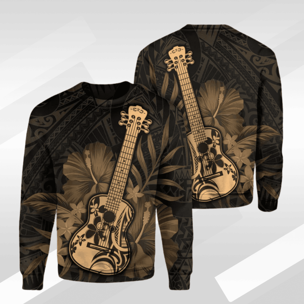 Hawaiian - Hawaii Ukulele Flower Sweatshirt - Gold - AH