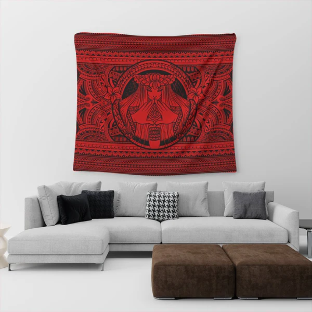 Hawaiian Map Madame Pele Mauna Kea Plumeria Polynesian Tapestry Red AH