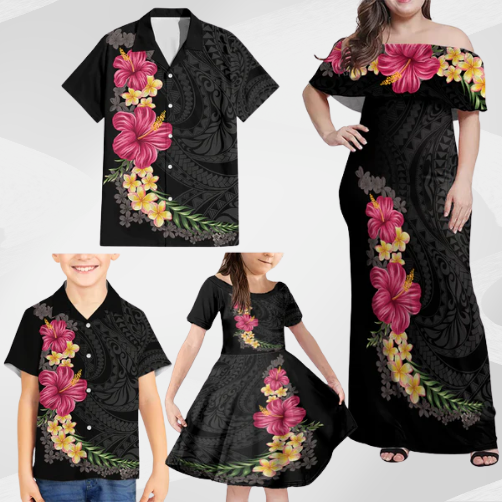 Hawaiian Plumeria and Hibiscus Family Matching Off Shoulder Maxi Dress and Hawaiian Shirt Colorful Style LT03