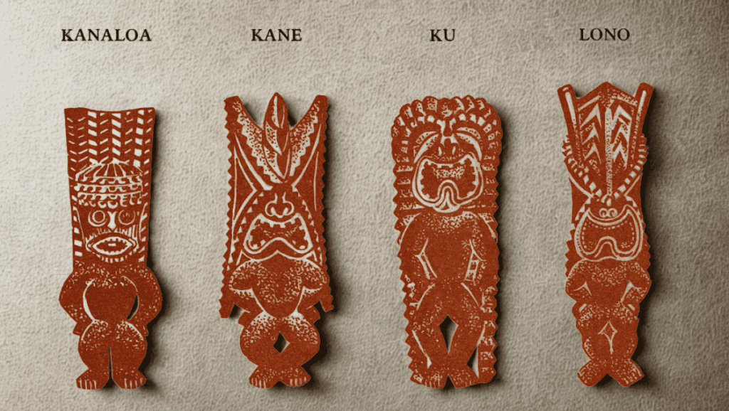 Kanaloa Kane Ku and Lono — the four great Hawaiian gods - makahiki Kanaloa, Kāne, Kū, and Lono — the four great Hawaiian gods