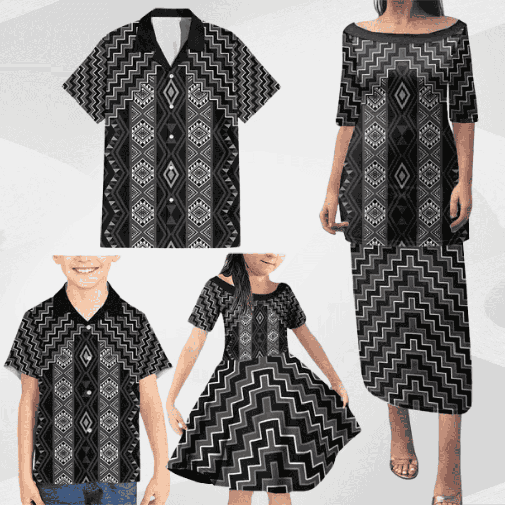 New Zealand Aotearoa Family Matching Puletasi and Hawaiian Shirt Black Poutama With Taniko Pattern LT05