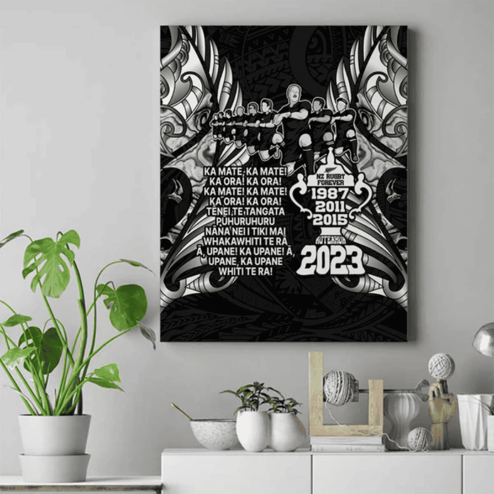 New Zealand Rugby Canvas Wall Art Black Haka Dance With NZ Champions History LT9