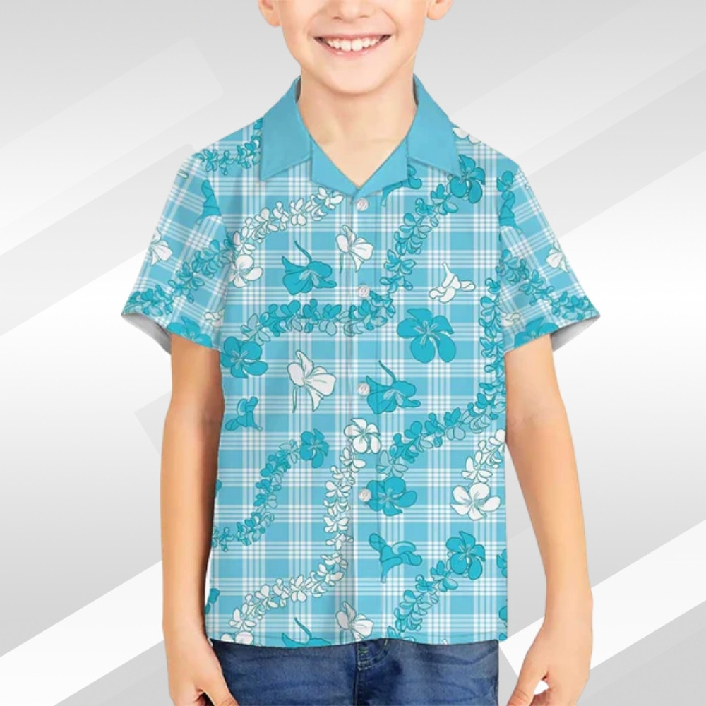 Polu Aloha Hawaii Kid Hawaiian Shirt Plumeria Lei With Palaka Motif LT14