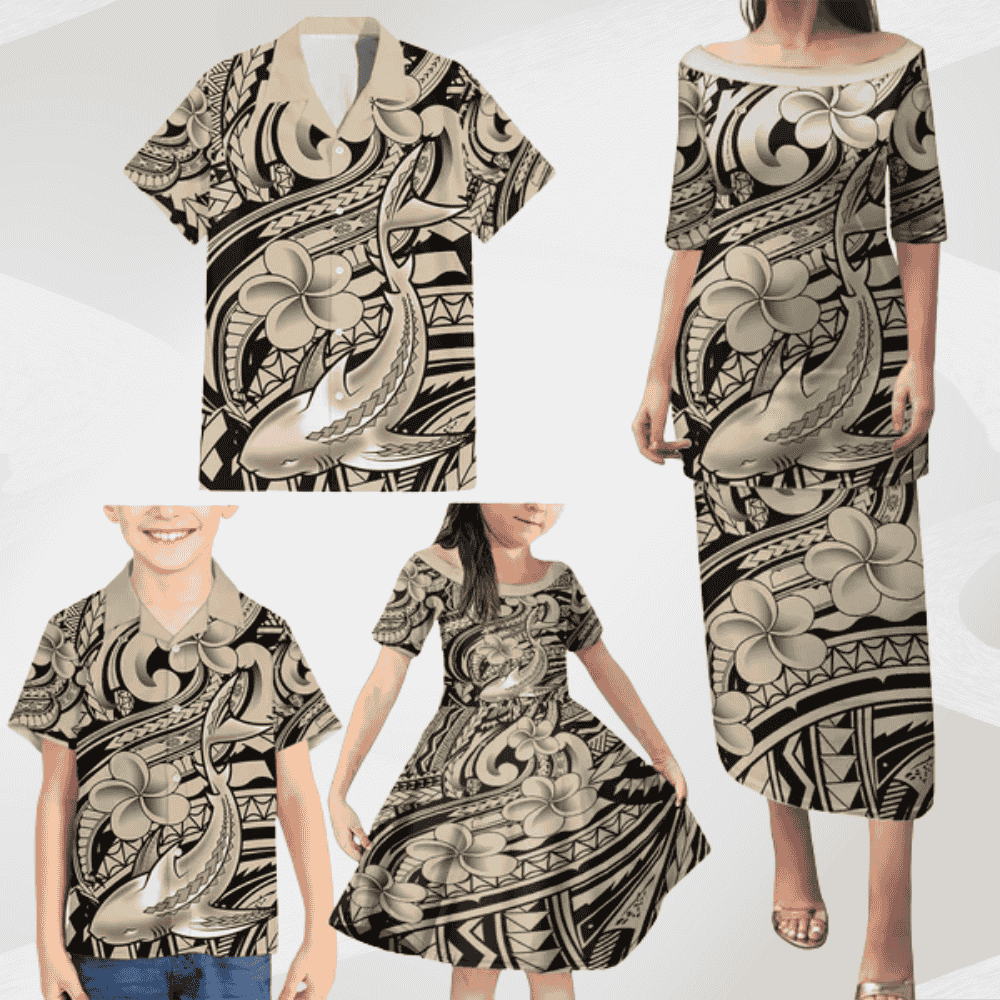 Polynesian Shark Tribal Tattoo Family Matching Puletasi and Hawaiian Shirt Beige Style LT9