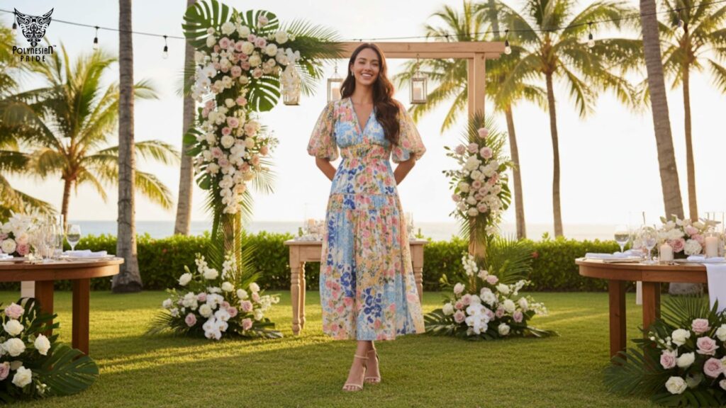 Puff Sleeve Floral Midi Dress - hawaiian clothing for women Puff Sleeve Floral Midi Dress - hawaiian clothing for women