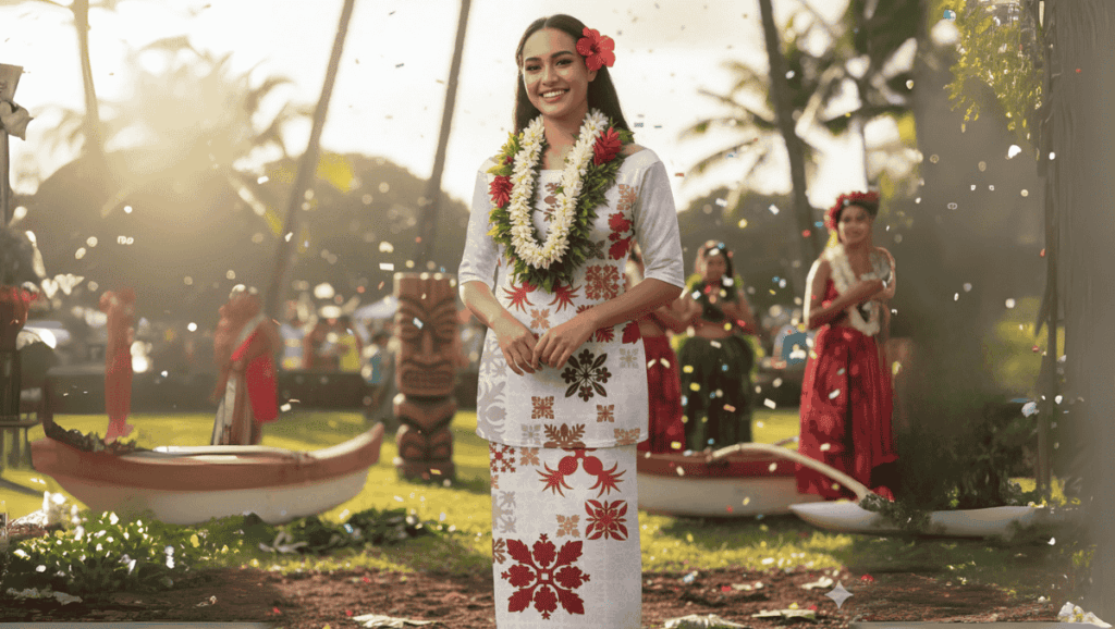 Puletasi from kapa cloth traditional attire for ladies in Samoa Tonga and Fiji at Hawaii festival - makahiki Puletasi from kapa cloth (traditional attire for ladies in Samoa, Tonga, and Fiji) at Hawaii festival