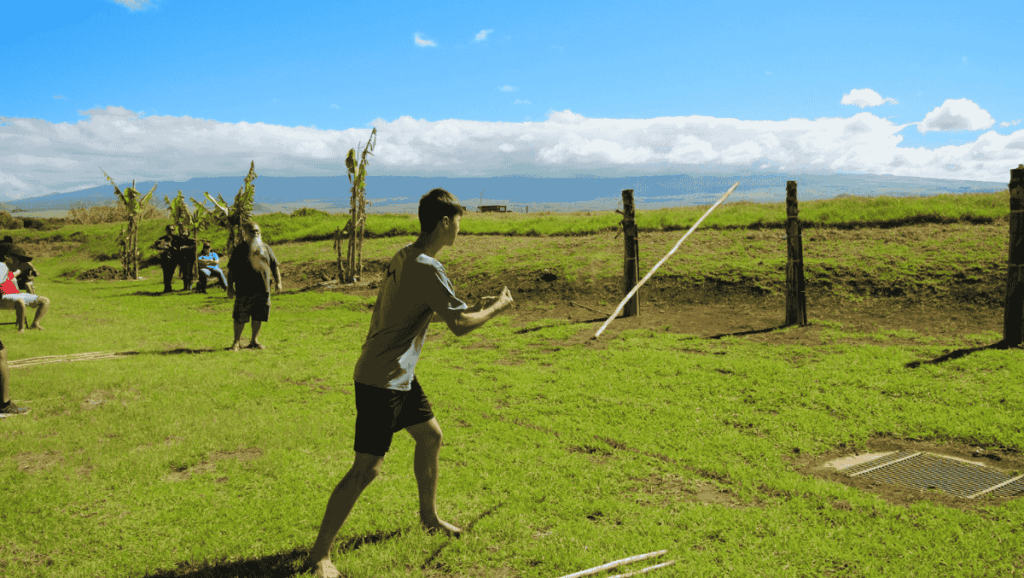 Spear throwing ʻoʻo ihe tested athletic skill in the Hawaiian harvest festival - makahiki Spear throwing (ʻōʻō ihe) tested athletic skill in the Hawaiian harvest festival