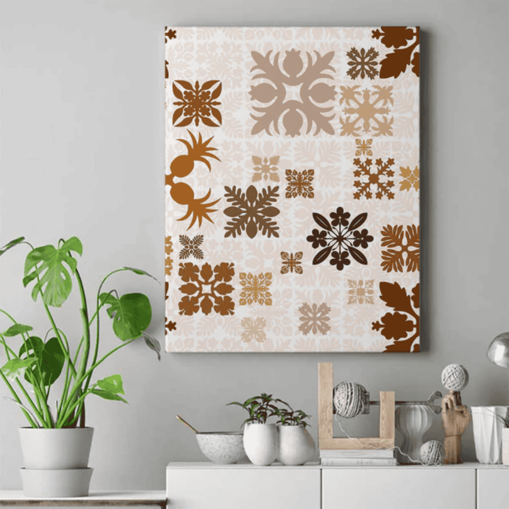 Vintage Hawaii Canvas Wall Art Hawaiian Quilt Kapa Mismatch Beige LT7