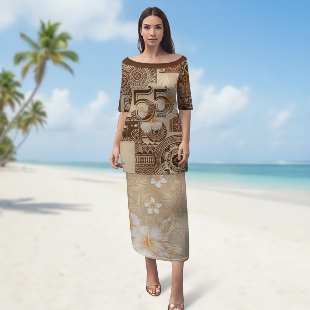 Bula Fiji Day 55th Anniversary Masi Tapa Puletasi Emerald Jubilee - Beige LT7