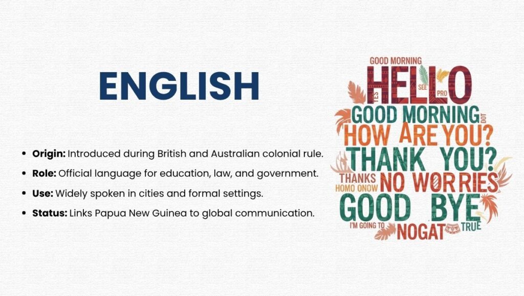 Infographic about English in Papua New Guinea, showing its colonial origin, official role in education and government, and importance for global communication.