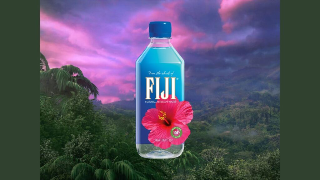 FIJI Water Comes from Fiji - Fiji People FIJI Water bottle with tropical island background, representing the brand’s global image and Fijian source.