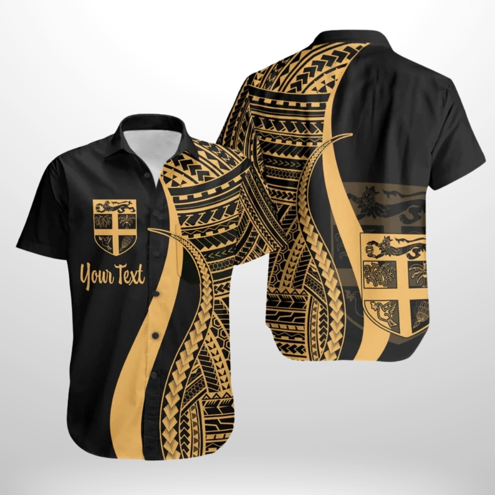 Fiji Custom Personalised Short Sleeve Shirts - Gold Polynesian Tentacle Tribal Pattern