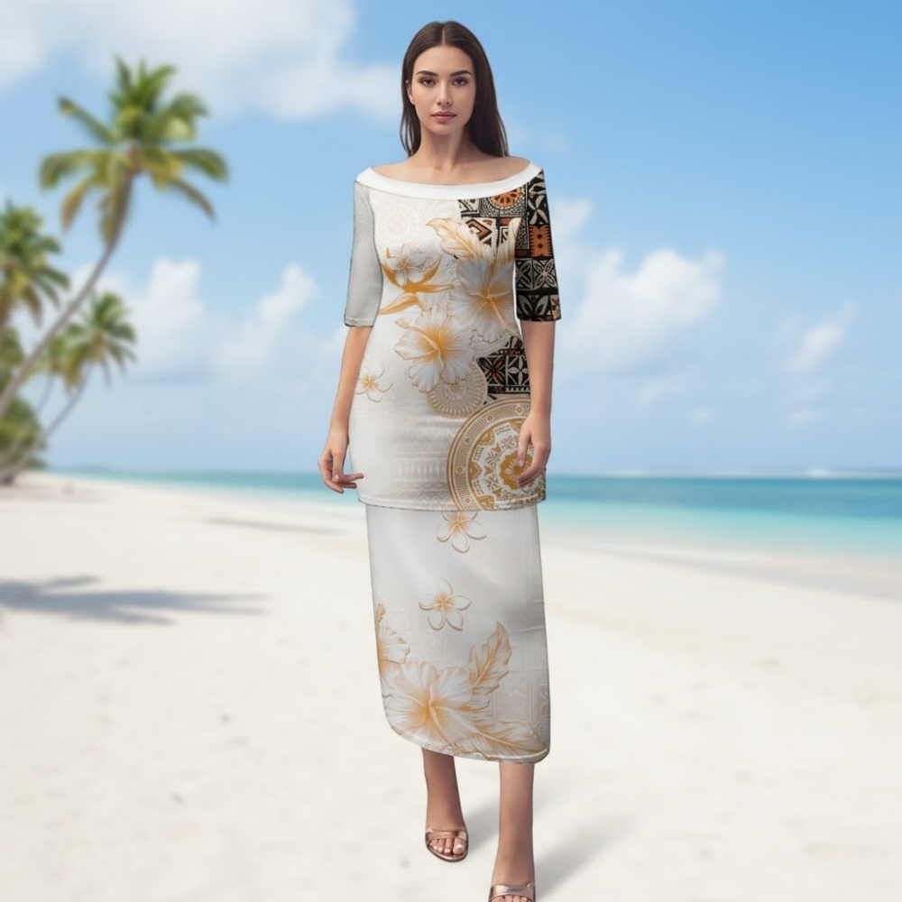 Fiji Puletasi Masi Tapa Pattern Brown LT05