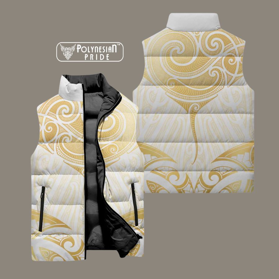 Gold White New Zealand Manta Ray Sleeveless Puffer Jacket Aotearoa Maori Haehae back - Autumn Outfit Ideas in New Zealand Gold White New Zealand Manta Ray Sleeveless Puffer Jacket Aotearoa Maori Haehae back - Autumn Outfit Ideas in New Zealand