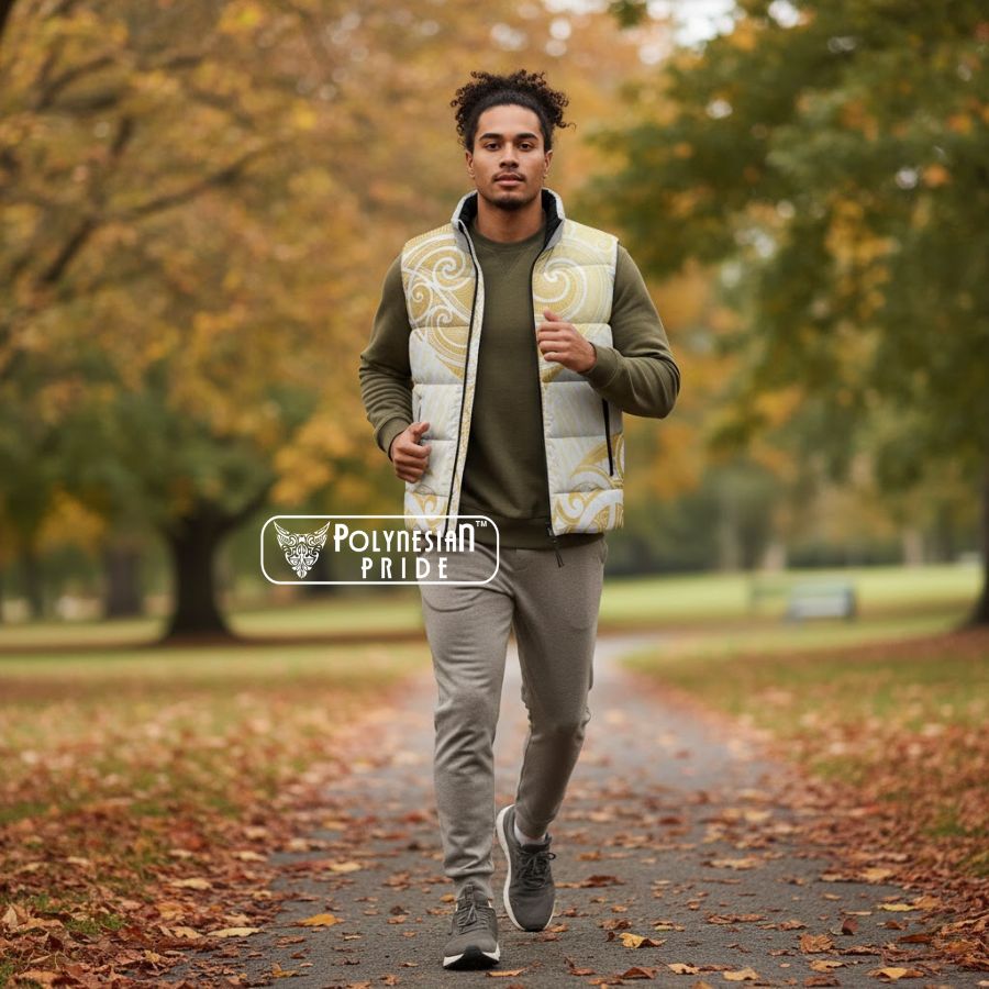 Gold White New Zealand Manta Ray Sleeveless Puffer Jacket Aotearoa Maori Haehae front - Autumn Outfit Ideas in New Zealand Gold White New Zealand Manta Ray Sleeveless Puffer Jacket Aotearoa Maori Haehae front