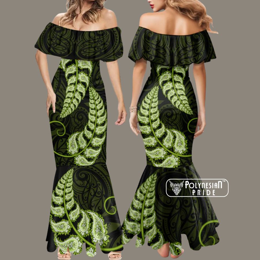 Green New Zealand Paisley Silver Fern Mermaid Dress Aotearoa Maori back - Autumn Outfit Ideas in New Zealand Green New Zealand Paisley Silver Fern Mermaid Dress Aotearoa Maori back - Autumn Outfit Ideas in New Zealand