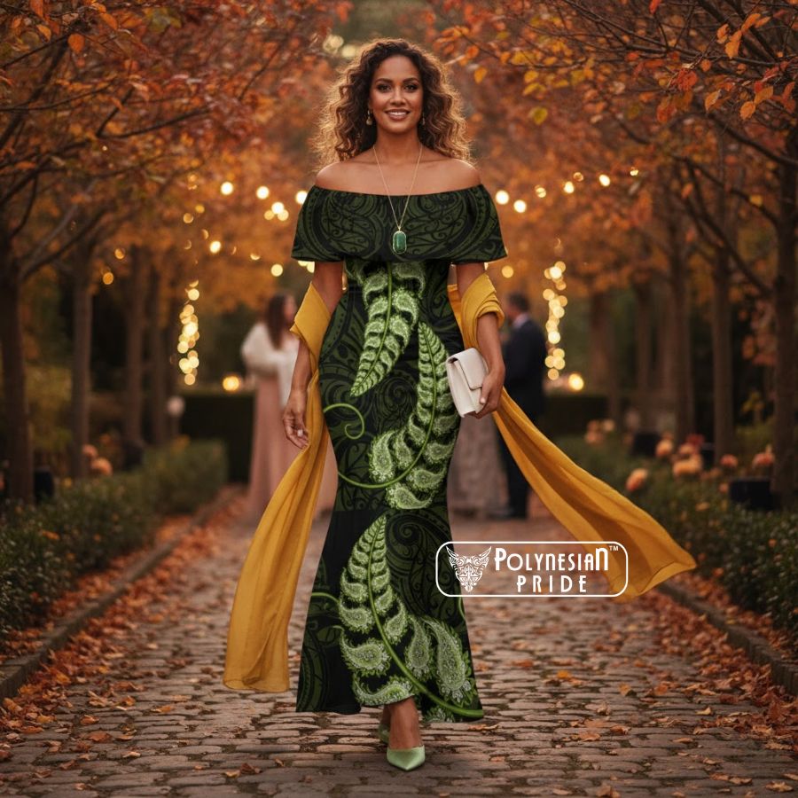 Green New Zealand Paisley Silver Fern Mermaid Dress Aotearoa Maori front - Autumn Outfit Ideas in New Zealand Green New Zealand Paisley Silver Fern Mermaid Dress Aotearoa Maori front - Autumn Outfit Ideas in New Zealand