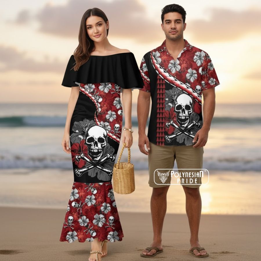 Hawaii Halloween Couples Matching Mermaid Dress and Hawaiian Shirt Hibiscus Skull Kakau Pattern