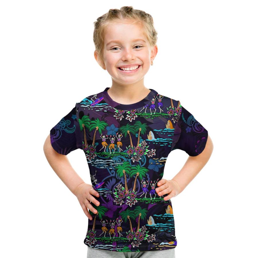 Hawaii Skeleton Dancing T Shirt KID Halloween Hawaiian Turtle
