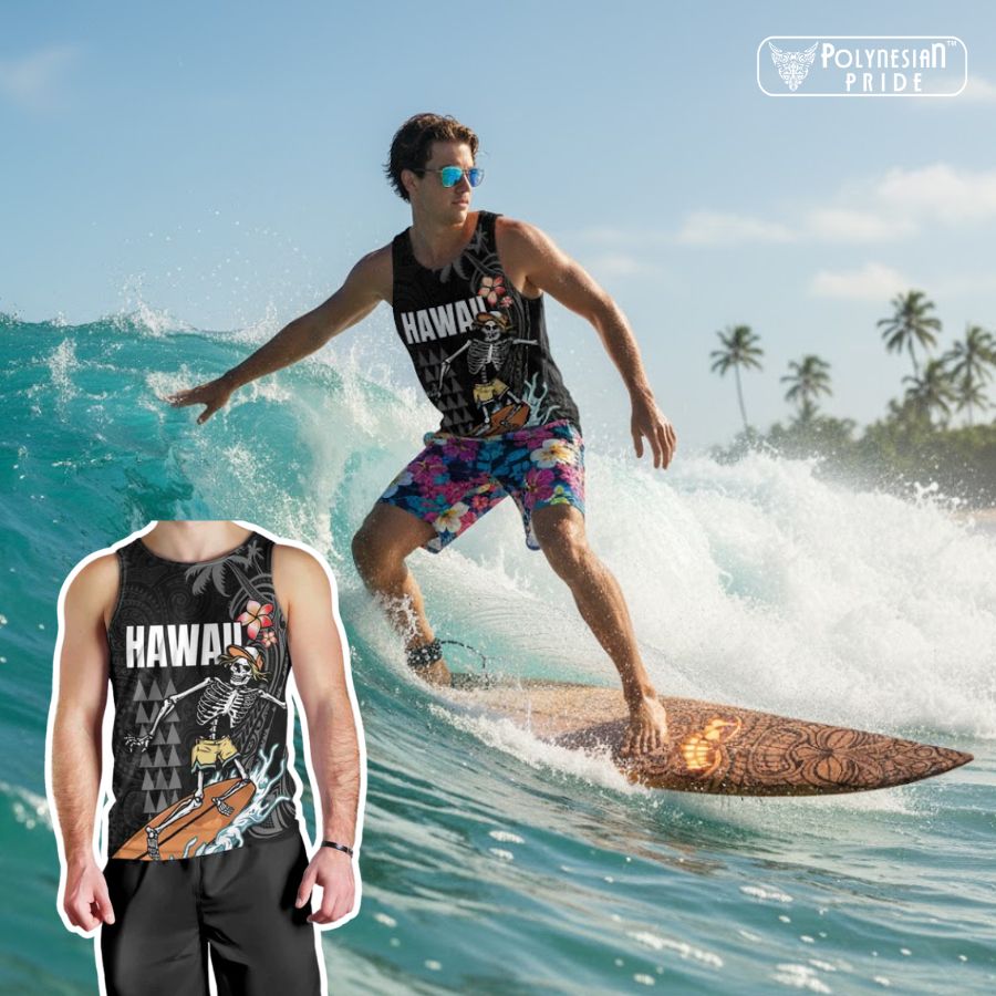 Hawaiian Halloween Skeleton Surfing Men Tank Top Polynesian Tribal Tattoo and Hawaiian Pattern - hawaiian halloween costume Hawaiian Halloween Skeleton Surfing Men Tank Top Polynesian Tribal Tattoo and Hawaiian Pattern - hawaiian halloween costume