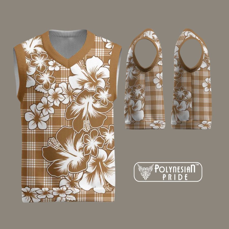 Hibiscus Pakala Bronze Brown Christmas Knitted V Neck Vest Tropical back - Autumn Outfit Ideas in New Zealand Hibiscus Pakala Bronze Brown Christmas Knitted V Neck Vest Tropical back - Autumn Outfit Ideas in New Zealand