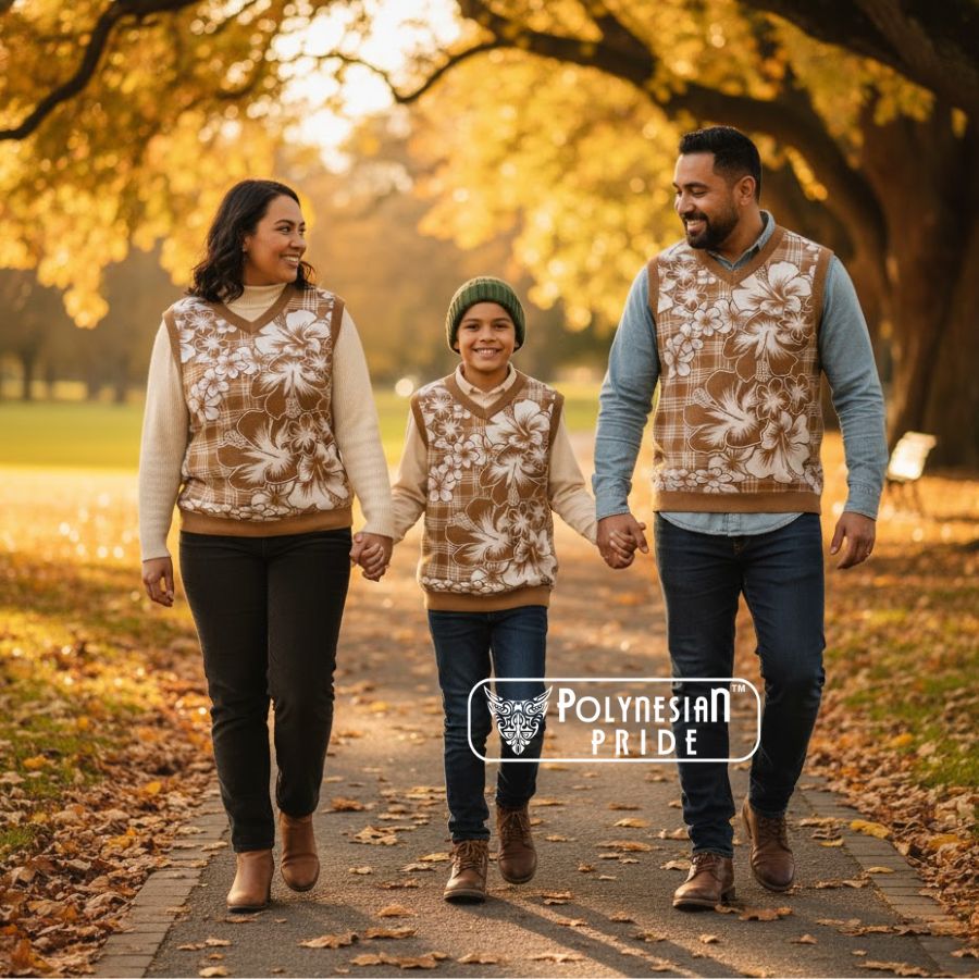 Hibiscus Pakala Bronze Brown Christmas Knitted V Neck Vest Tropical front - Autumn Outfit Ideas in New Zealand Hibiscus Pakala Bronze Brown Christmas Knitted V Neck Vest Tropical front - Autumn Outfit Ideas in New Zealand