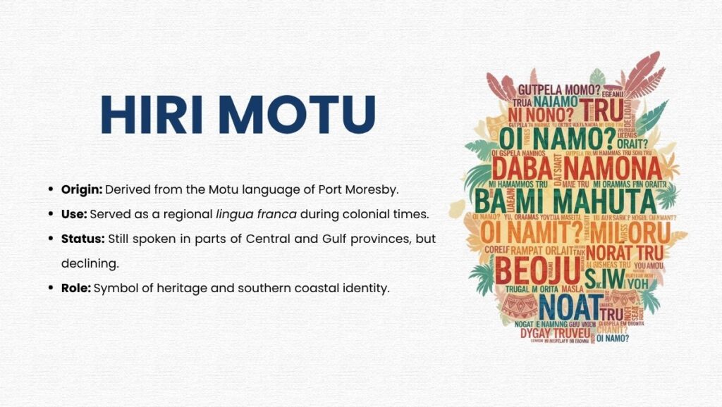 Infographic about Hiri Motu, a regional lingua franca in Papua New Guinea derived from the Motu language, highlighting its origin, use, and cultural role.