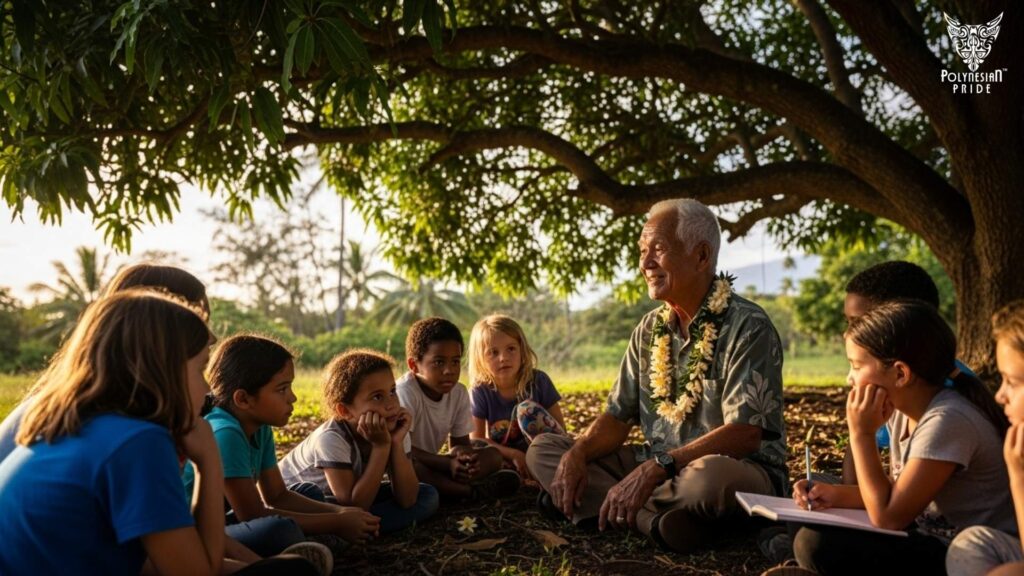 How Locals Practice Ohana Every Day - ohana meaning Hawaiian elder teaching children under a tree, sharing wisdom and Ohana values in nature