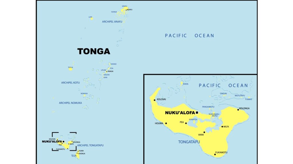 Location of the Tonga Islands - tongan people Map of the Kingdom of Tonga showing main islands and location in the South Pacific