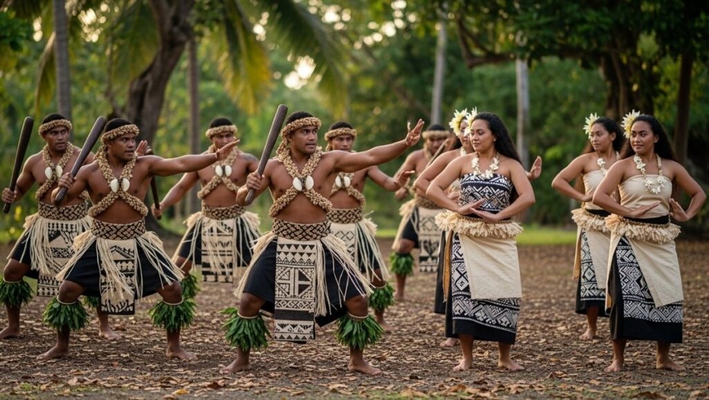 Male performers embody strength and valor through vigorous grounded movements while female performers move with elegance and restraint - Fiji Traditional Songs Male performers embody strength and valor through vigorous, grounded movements, while female performers move with elegance and restraint