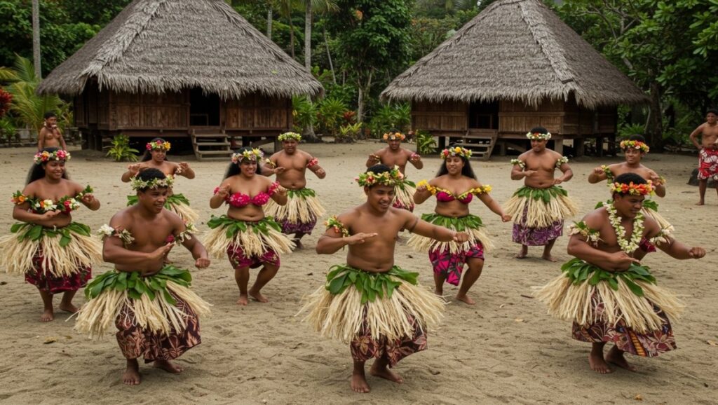 Meke dance presentation with rhythmic chanting, wooden drums, and traditional Fijian costumes in Nadi