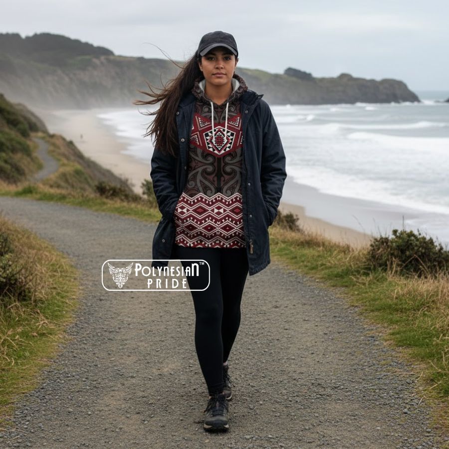 New Zealand Aotearoa Hoodie Red Taniko Art Maori Pattern front - Autumn Outfit Ideas in New Zealand New Zealand Aotearoa Hoodie Red Taniko Art Maori Pattern front - Autumn Outfit Ideas in New Zealand