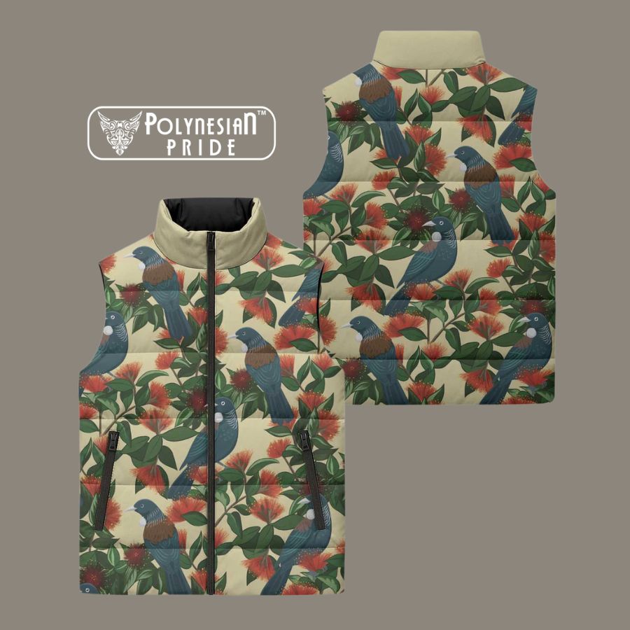 New Zealand Christmas Sleeveless Puffer Jacket Romantic Tui Birds on Pohutukawa back - Autumn Outfit Ideas in New Zealand New Zealand Christmas Sleeveless Puffer Jacket Romantic Tui Birds on Pohutukawa back - Autumn Outfit Ideas in New Zealand