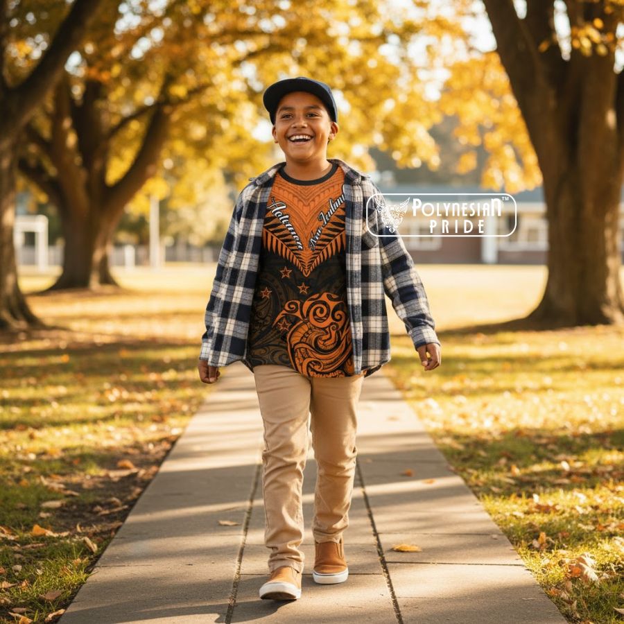 New Zealand Kid T Shirt Aotearoa Maori Kiwi Orange Fern front - Autumn Outfit Ideas in New Zealand New Zealand Kid T Shirt Aotearoa Maori Kiwi Orange Fern front - Autumn Outfit Ideas in New Zealand
