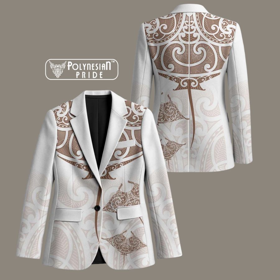 New Zealand Manta Ray Tattoo Blazer Aotearoa Maori Haehae Beige back - Autumn Outfit Ideas in New Zealand New Zealand Manta Ray Tattoo Blazer Aotearoa Maori Haehae Beige back - Autumn Outfit Ideas in New Zealand