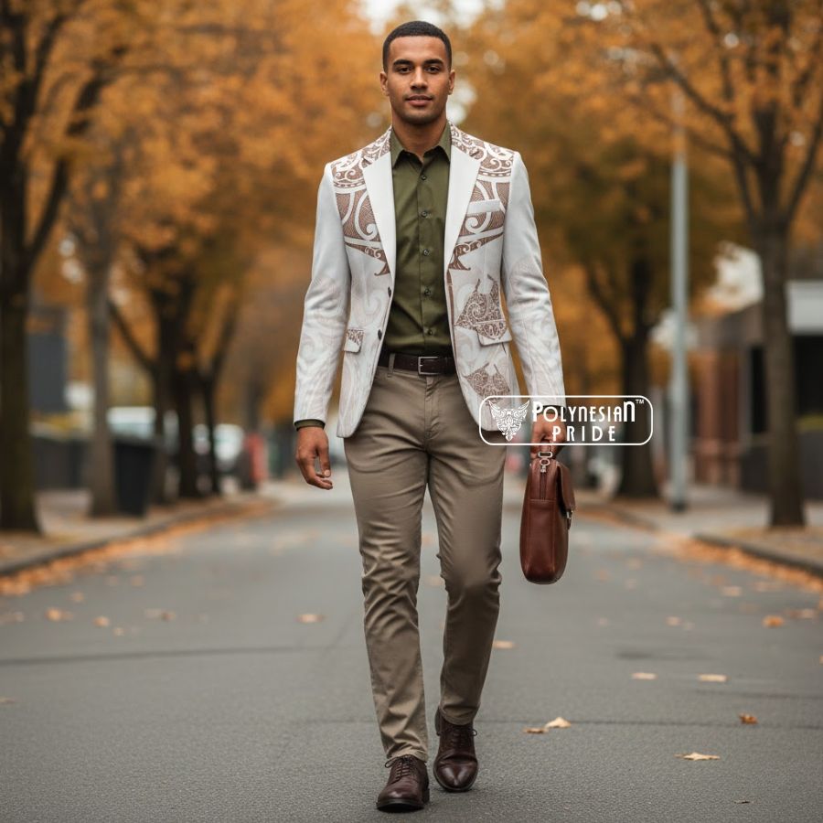 New Zealand Manta Ray Tattoo Blazer Aotearoa Maori Haehae Beige - Autumn Outfit Ideas in New Zealand New Zealand Manta Ray Tattoo Blazer Aotearoa Maori Haehae Beige