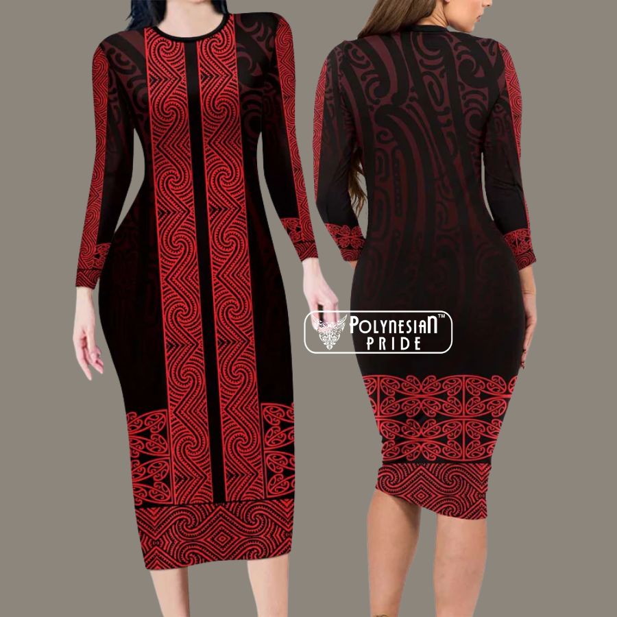 New Zealand Maori Kowhaiwhai Long Sleeve Bodycon Dress Whero Maui and Mangopare back - Autumn Outfit Ideas in New Zealand New Zealand Maori Kowhaiwhai Long Sleeve Bodycon Dress Whero Maui and Mangopare back - Autumn Outfit Ideas in New Zealand