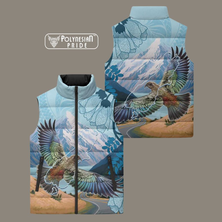 New Zealand South Island Sleeveless Puffer Jacket Te Waipounamu Aoraki Kea Bird back - Autumn Outfit Ideas in New Zealand New Zealand South Island Sleeveless Puffer Jacket Te Waipounamu Aoraki Kea Bird back - Autumn Outfit Ideas in New Zealand