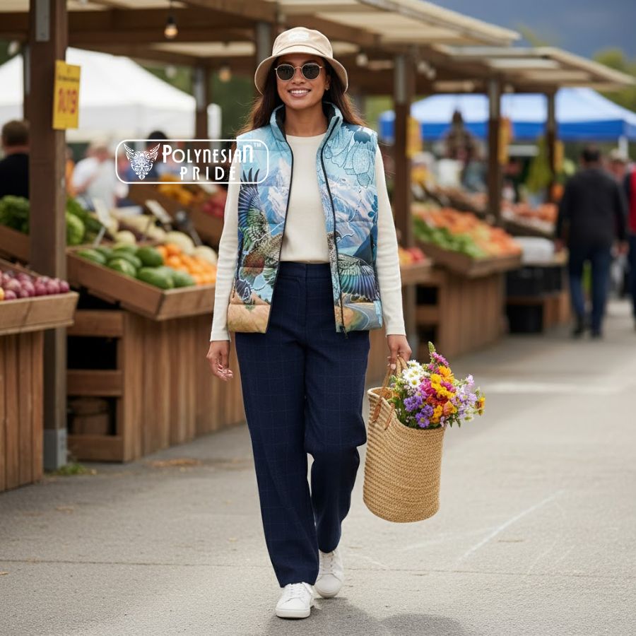 New Zealand South Island Sleeveless Puffer Jacket Te Waipounamu Aoraki Kea Bird front - Autumn Outfit Ideas in New Zealand New Zealand South Island Sleeveless Puffer Jacket Te Waipounamu Aoraki Kea Bird front - Autumn Outfit Ideas in New Zealand