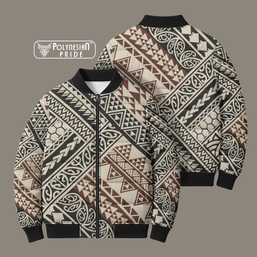 Niho Taniwha Kowhaiwhai Bomber Puffer Jacket back - Autumn Outfit Ideas in New Zealand Niho Taniwha Kowhaiwhai Bomber Puffer Jacket back - Autumn Outfit Ideas in New Zealand