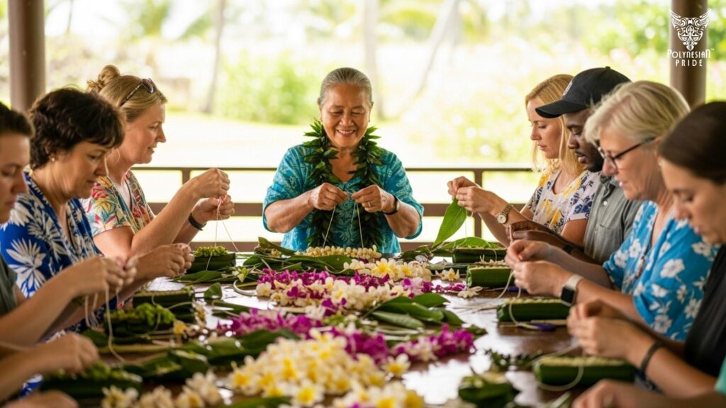 Ohana in Modern Tourism - ohana meaning Group learning Hawaiian lei-making led by a local elder, preserving Polynesian culture and Ohana connection
