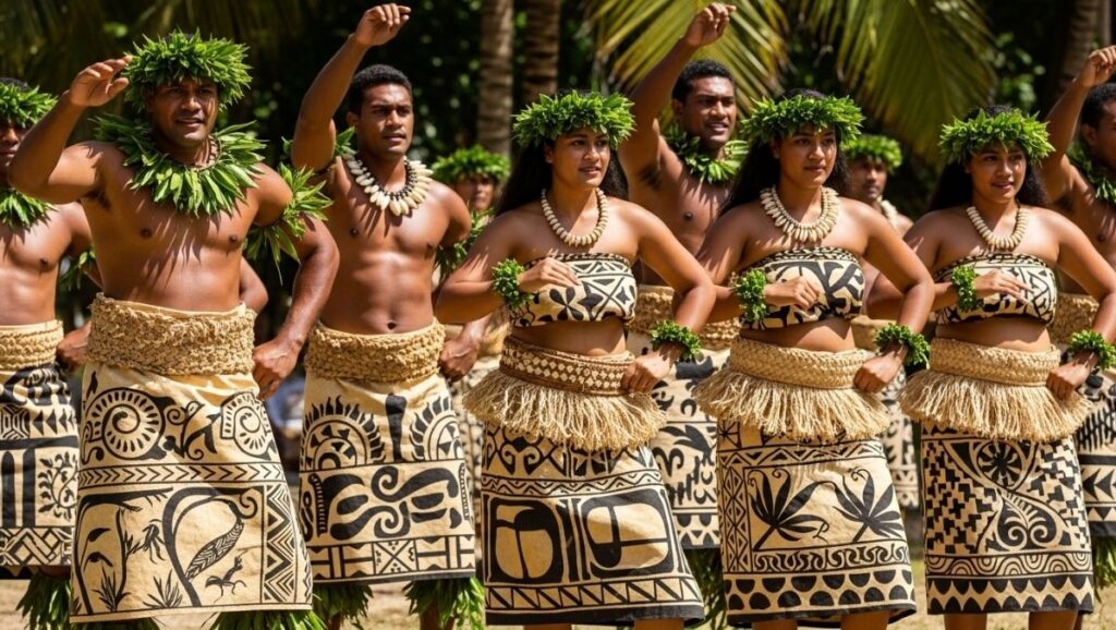 Performers wear masi tapa cloth garments hand painted with traditional motifs representing lineage protection and unity - Fiji Traditional Songs Performers wear masi (tapa cloth) garments hand-painted with traditional motifs representing lineage, protection, and unity