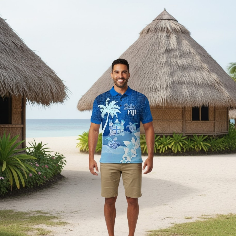 Personalised Bula Fiji Polo Shirt Fijian Masi Pattern With Blue Coat Of Arms LT05