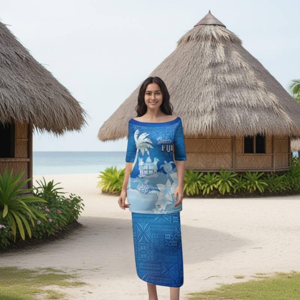 Personalised Bula Fiji Puletasi Fijian Masi Pattern With Blue Coat Of Arms LT05