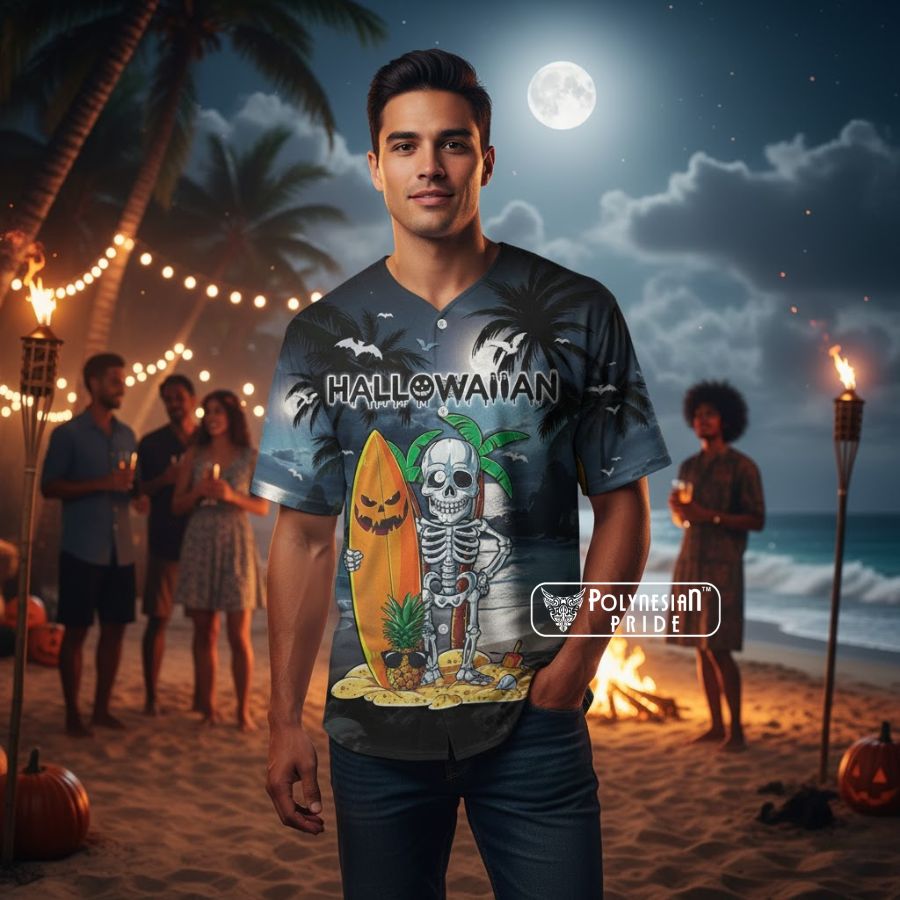 Personalised Hawaii Halloween Baseball Jersey Hallowaiian Skeleton Surf