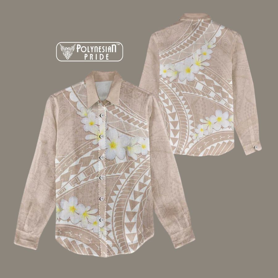 Polynesia Humpback Whale Women Casual Shirt Tropical Plumeria Beige back - Autumn Outfit Ideas in New Zealand Polynesia Humpback Whale Women Casual Shirt Tropical Plumeria Beige back - Autumn Outfit Ideas in New Zealand