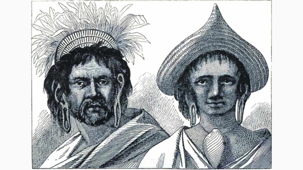 Polynesian Voyagers Arrive - easter island Historical illustration of the ancient Rapa Nui people wearing traditional clothing and headdresses on Easter Island.